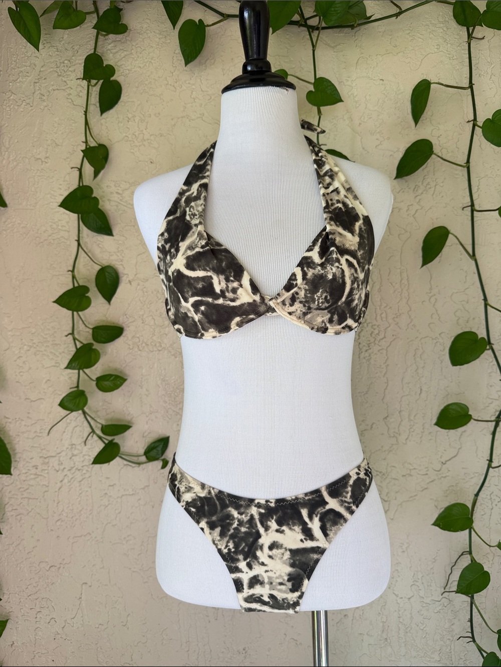 Halter Bikini Set in green and Cream Marble Print